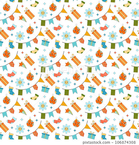 Merry Christmas groovy seamless pattern. Collection of hippie holiday winter elements in trendy old animation style. Groovy Christmas pattern. 106874308