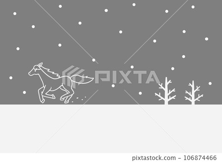 Winter greeting postcard of a snowy night and a running horse 106874466