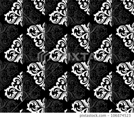 Wallpaper in the style of Baroque. Seamless vector background. White and black floral ornament. Graphic pattern for fabric, wallpaper, packaging. Ornate Damask flower ornament Wallpaper in the style of Baroque. Seamless vector background. White and black floral ornament. Graphic pattern for fabric, wallpaper, packaging. Ornate Damask flower ornament 106874523