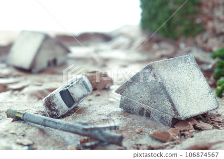 Collapsed houses and city diorama model due to disaster 106874567