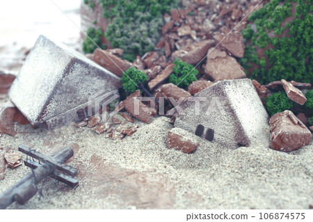 Collapsed houses and city diorama model due to disaster 106874575