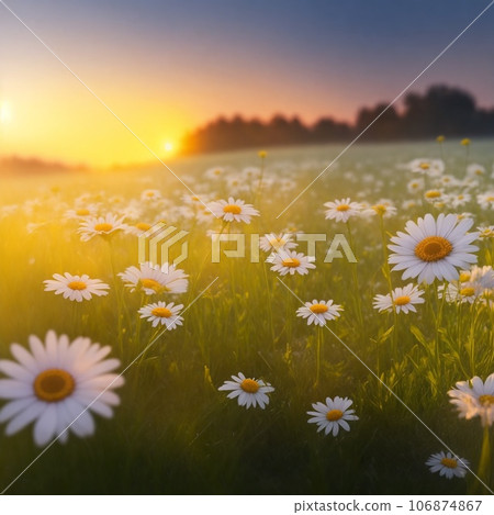 Beautiful daisies in the meadow at sunrise 106874867