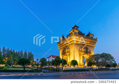 Vientiane Laos, night city skyline at Patuxai (Patuxay) the most famous landmark in Vientiane Vientiane Laos, night city skyline at Patuxai (Patuxay) the most famous landmark in Vientiane 106875483