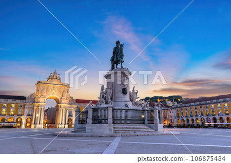 Lisbon Portugal, sunrise panorama city skyline at Arco da Rua Augusta and Commerce Square Lisbon Portugal, sunrise panorama city skyline at Arco da Rua Augusta and Commerce Square 106875484