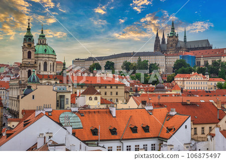 Prague Czech Republic, high angle view sunset city skyline at Prague old town and Castle, Czechia 106875497