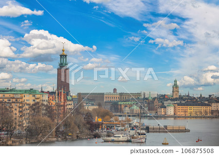 Stockholm Sweden, city skyline at Stockholm City Hall and Gamla Stan Stockholm Sweden, city skyline at Stockholm City Hall and Gamla Stan 106875508