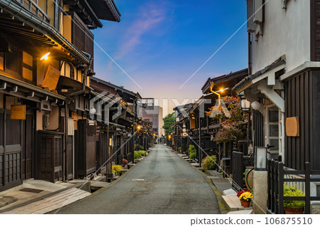 Takayama Gifu Japan, sunrise city skyline at Takayama old town Sannomachi street in autumn season Takayama Gifu Japan, sunrise city skyline at Takayama old town Sannomachi street in autumn season 106875510
