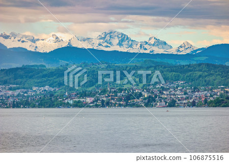 Alps mountain range nature landscape with snow and Lake Zurich, Zurich Switzerland 106875516