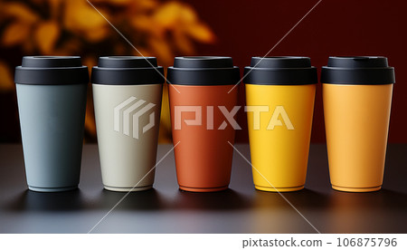 Set of multi-colored takeaway coffee glasses. Ai-generated 106875796