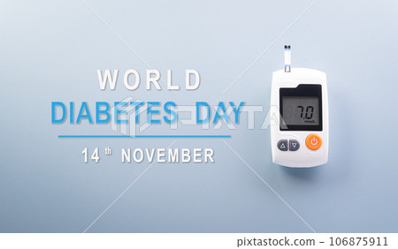 World Diabetes day concept ,14 November. Top view of blood glucose meter sets and the text on pastel blue background, 106875911