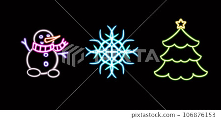 neon Snowman, Snowflake, Christmas Tree. glowing desktop icon, neon sticker, neon figure, glowing figure, neon geometrical figures  106876153