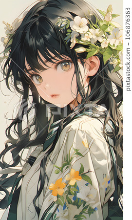 一個穿著水手服的女孩被許多美麗的花朵包圍（AI 生成的圖像） 106876363