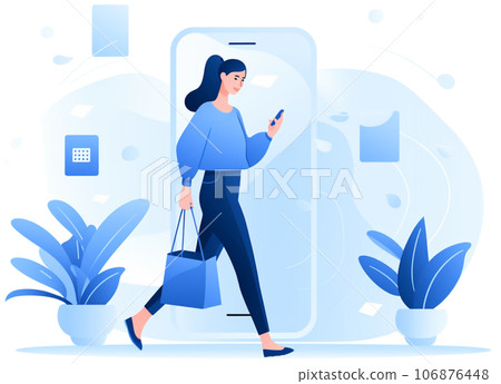 illustration of a young business woman shopping via mobile 106876448