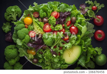 Fresh salad with avocado tomatoes olives and lettuce on black background Fresh salad with avocado tomatoes olives and lettuce on black background 106876456