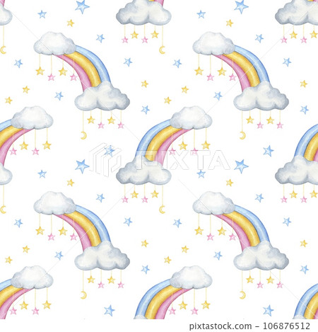 Seamless pattern with rainbows and clouds. watercolor 106876512