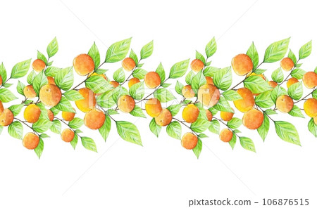 Seamless border with peach tree branches, peaches. Watercolor 106876515