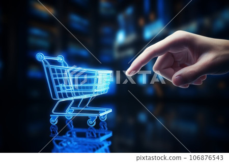 Technology Hand Touching Shopping Trolley in Blue Neon 106876543