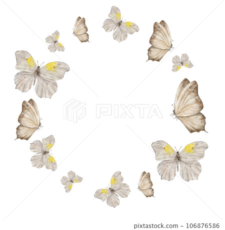 Circle wreath with moth or white butterfly. Hand draw watercolor Insect illustration for posters, invitation and greeting cards. 106876586