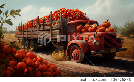 Recreation artistic of vintage truck full of red tomatoes. Illustration AI 106876888