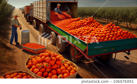 Artistic recreation of workers loading red tomatoes harvested in a truck in a plantation. Illustration AI 106876891