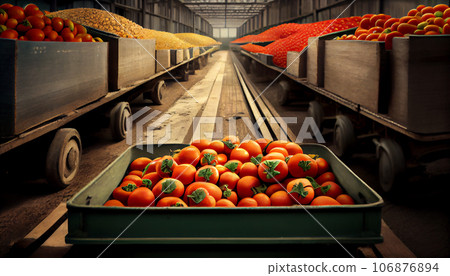 Recreation artistic of red tomatoes in a industrial line of transport together a industrial wagon train. Illustration AI 106876894