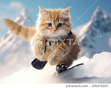 AI image of a kitten enjoying winter sports on a snowy mountain 106876997