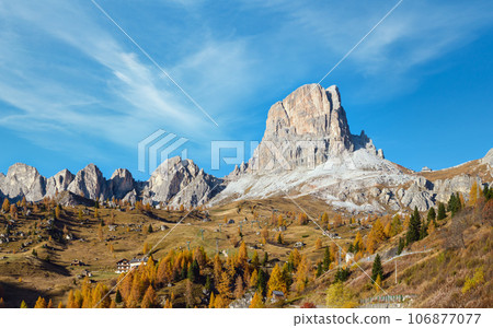 Mountain sunny evening peaceful view from Giau Pass. Mountain sunny evening peaceful view from Giau Pass. 106877077
