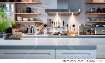 Blurred modern kitchen view. Scandinavian kitchen, minimalist design white accents. Ideal for product display or design layouts 106877174