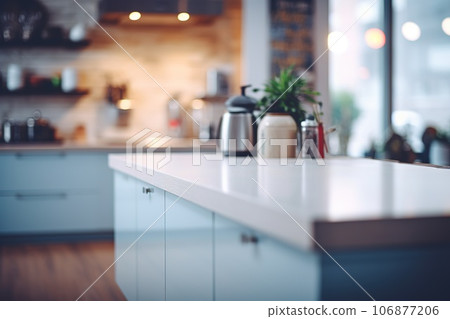 Blurred modern kitchen view. Scandinavian kitchen, minimalist design white accents. Ideal for product display or design layouts 106877206