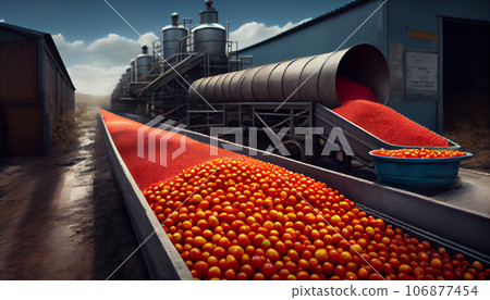 Recreation artistic of red tomatoes in a processed line industrial. Illustration AI Recreation artistic of red tomatoes in a processed line industrial. Illustration AI 106877454