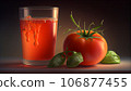 Recreation artistic of juice tomato in a glass together full tomatoes and cut half. Illustration AI 106877455