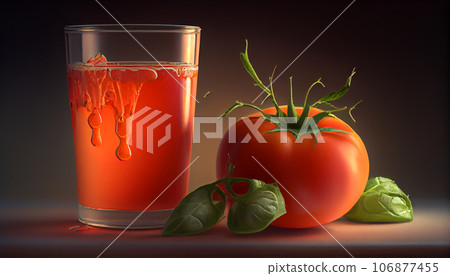 Recreation artistic of juice tomato in a glass together full tomatoes and cut half. Illustration AI 106877455