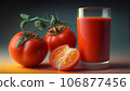 Artistic recreation of juice tomato in a glass together full tomatoes and cut half. Illustration AI 106877456