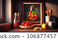Still life of red tomatoes in a bowl with tomato juice in a glass jar together at window with a picture frame of tomatoes in a big glass jar. Illustration 106877457