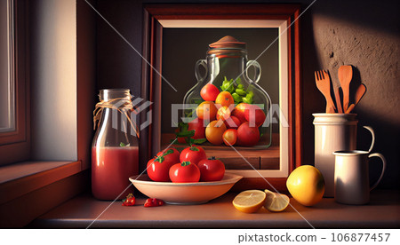 Still life of red tomatoes in a bowl with tomato juice in a glass jar together at window with a picture frame of tomatoes in a big glass jar. Illustration 106877457