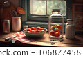 Recreation artistic of big bowl and closed vase with red ripe tomatoes together a window kitchen. Illustration AI 106877458