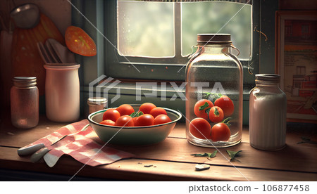 Recreation artistic of big bowl and closed vase with red ripe tomatoes together a window kitchen. Illustration AI Recreation artistic of big bowl and closed vase with red ripe tomatoes together a window kitchen. Illustration AI 106877458