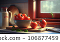 Recreation artistic of red tomatoes in a bowl with others red tomatoes in a wood table together a window of a kitchen. Illustration AI 106877459
