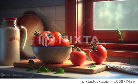Recreation artistic of red tomatoes in a bowl with others red tomatoes in a wood table together a window of a kitchen. Illustration AI 106877459