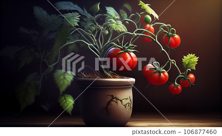 Recreation artistic of tomato plant with red tomatoes hanging in a flowerpot. Illustration AI 106877460