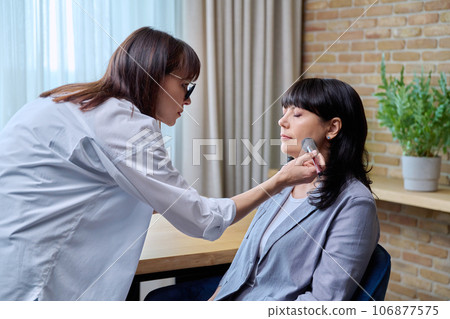 Makeup artist doing makeup for a mature business woman 106877575