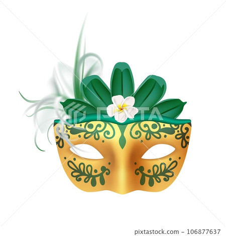 Carnival mask. Golden masquerade costume elements with tropical leaves and flowers. Summer exotic festive celebration clothing, Venetian parade isolated 3d element, vector realistic illustration Carnival mask. Golden masquerade costume elements with tropical leaves and flowers. Summer exotic festive celebration clothing, Venetian parade isolated 3d element, vector realistic illustration 106877637