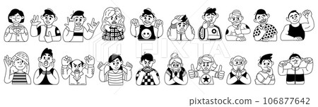 Doodle people. hand drawn sketch style women and men, body language and different emotions, pointing, surprise and expression, characters communication. Social media user avatars. Vector outline set Doodle people. hand drawn sketch style women and men, body language and different emotions, pointing, surprise and expression, characters communication. Social media user avatars. Vector outline set 106877642