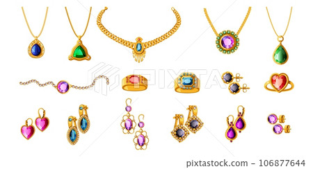 Gold jewellery. Old ring and elegant necklace. Antique crown with ruby or sapphire. Precious gem pendant. Fashion gift. Expensive earrings with diamonds. Jewel bracelet. Vector luxury accessories set Gold jewellery. Old ring and elegant necklace. Antique crown with ruby or sapphire. Precious gem pendant. Fashion gift. Expensive earrings with diamonds. Jewel bracelet. Vector luxury accessories set 106877644