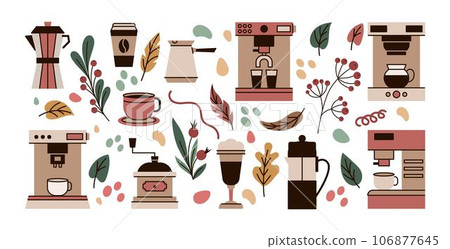 Coffee appliance. Cafe tools. Caffeine harvest. Warm americano mug. Barista packaging. Pot or press. Cappuccino maker equipment. Cezve and latte glass. Leaves and berries. Vector tidy elements set 106877645
