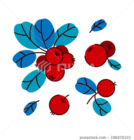 Vector set of lingonberries and cranberries. Collection of raw berries on a branch, a handful of berries on a white background. Autumn berry illustration. Great for labels, posters, prints and 106878101