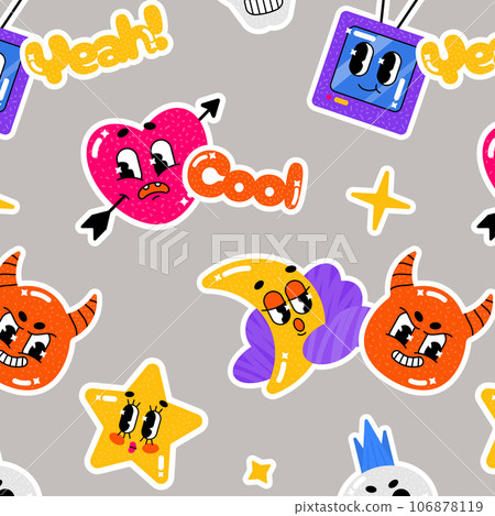 Various patches, badges, stamps, stickers. Set of funny cute characters. Various words. Hand drawn fashion vector illustration. Cartoon style. 106878119