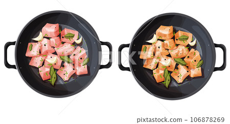 Set Roast chicken fillet chunks or turkey pieces and raw in frying pan with spices, garlic and leaves top view in cartoon style isolated on white background.  106878269