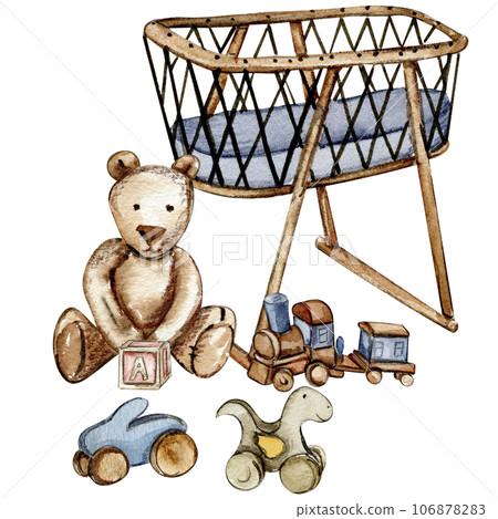 Composition of baby toys. Wooden kids toys watercolor hand drawn. Educational wooden blocks and objects for toddlers. Design for fabric, baby shower party, birthday, cake, holiday design, invitation. 106878283