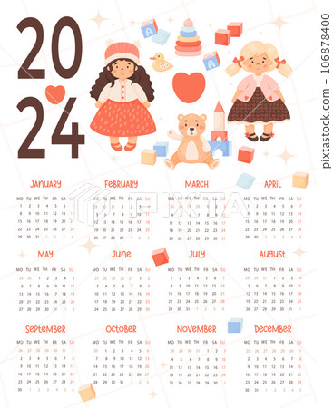 Kids annual calendar 2024 Cute Children toys, girl doll, plush toys in cartoon style. Vector vertical template 12 months in English. Week starts on Monday. Stationery, printing, organizer. 106878400